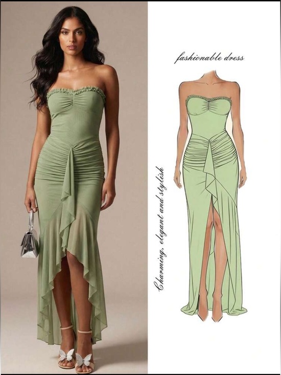 SHEIN Dresses & Skirts - Sage Green Strapless Ruched High-Low Dress